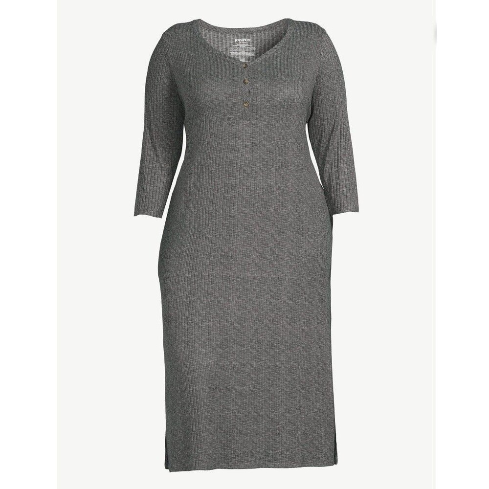 Joyspun Women's Hacci Knit V-Neck Chemise,plus Size 3XL Midi Dress Long Sleeve